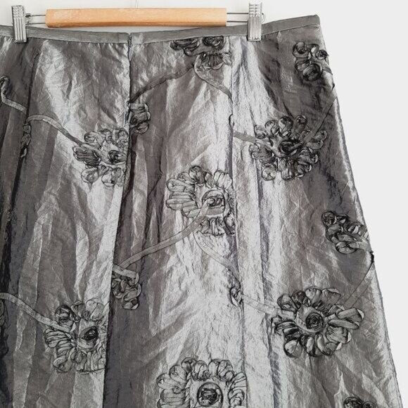 ADDITION ELLE / Ribbon Floral Applique Midi Length Skirt Satin Gray Sz 16 - Picture 10 of 16